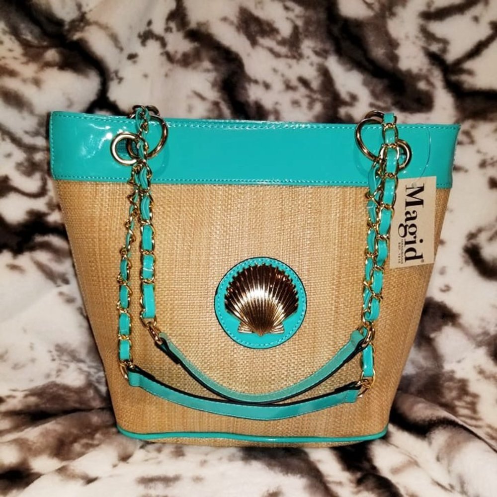 Magid Straw Aqua Summer Gold Shell Tote NWT